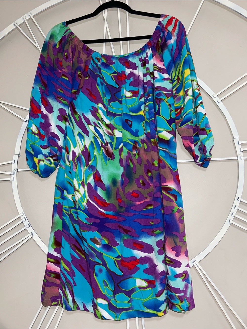 Sugar Cane Off-Shoulder Midi Dress in Blue & Purple Abstract Print